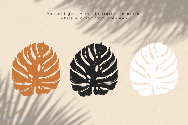 May include: Three illustrations of a tropical leaf in different colors: brown, black, and white. The leaf is a stylized version of a monstera leaf.