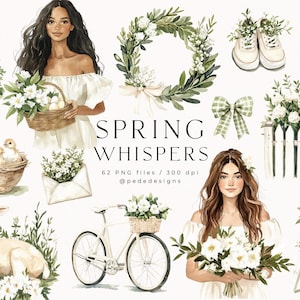 Spring Whispers, watercolor seasonal graphics, girl clipart, greenery png, spring stickers, watercolor easter clipart, countryside, download