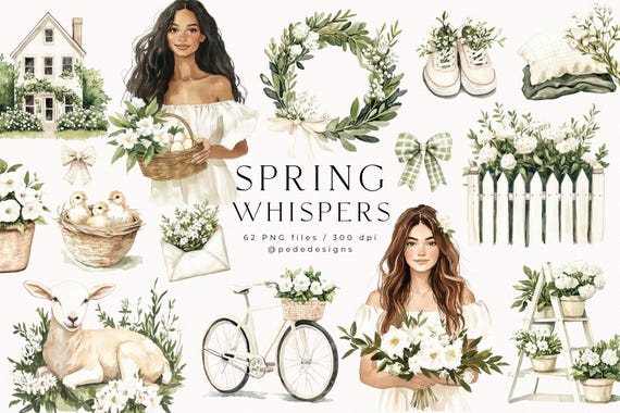 Spring Whispers Clipart Set | Soft Green Floral Spring PNG Illustrations | Cottagecore Aesthetic | Digital Download