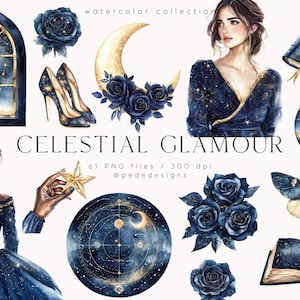 Glamour céleste, ensemble de cliparts aquarelle, lune dorée, lune et étoiles, céleste, clipart croissant de lune, clipart fantastique, bleu marine, téléchargement