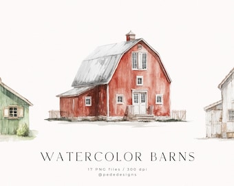 Watercolor Barns, watercolor countryside, summer scenery, landscape illustration, watercolor clipart, invitation, cottage core, download