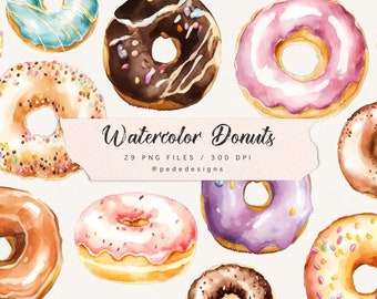 Watercolor Donuts Clip Art: 29 PNG Dessert Graphics (Digital Download)