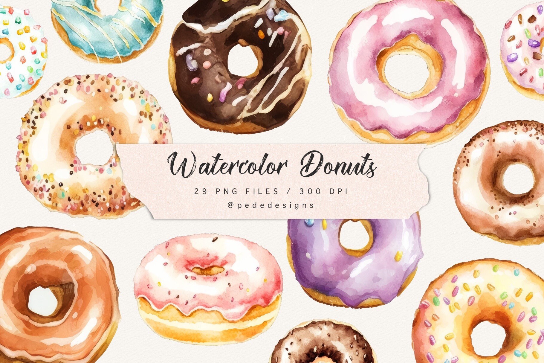 Watercolor Donuts Clip Art: 29 PNG Dessert Graphics (digital Download ...