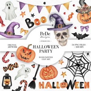 Watercolor Halloween Party Clip Art, autumn cliparts, spooky cliparts, halloween elements, trick or treat, candy, download