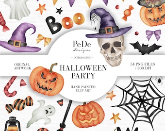 Watercolor Halloween Party Clip Art, autumn cliparts, spooky cliparts, halloween elements, trick or treat, candy, download