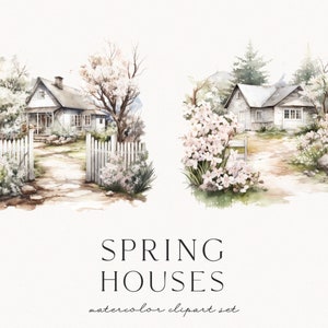 Op de afbeelding: Watercolor clipart set met twee charmante lentehuizen. Elk huis is afgebeeld met een witte hek, bloeiende bomen en een pad naar de voordeur. De tekst "SPRING HOUSES" wordt onder de afbeeldingen weergegeven.