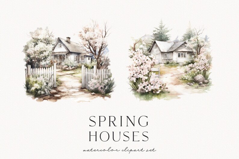 Op de afbeelding: Watercolor clipart set met twee charmante lentehuizen. Elk huis is afgebeeld met een witte hek, bloeiende bomen en een pad naar de voordeur. De tekst "SPRING HOUSES" wordt onder de afbeeldingen weergegeven.