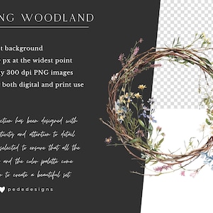 May include: A watercolor wreath with delicate wildflowers and vines in shades of pink, blue, white, and green. The wreath is on a transparent background.