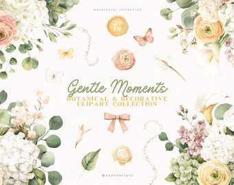 Floral Clipart Set | Soft Neutral Botanical PNG | Elegant Feminine Elements | Watercolor Design Pack (Digital Download)