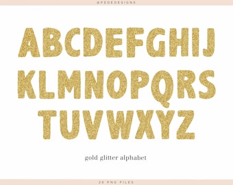 Alfabeto digital com glitter dourado, clipart de letras, letras metálicas, brilhante, download