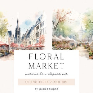 Mercato floreale, città primaverile, scenario primaverile ad acquerello, clipart primaverile, paesaggio ad acquerello, grafica cittadina, strada, fiori, download