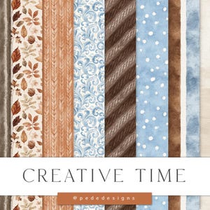 Könnte beinhalten: Eine Sammlung von zwölf nahtlosen digitalen Papieren mit verschiedenen Mustern wie Herbstblättern, blauen Schnörkeln, braunen Streifen, Punkten und Aquarelltexturen. Der Text CREATIVE TIME ist zentriert mit 12 jpeg-Dateien 3600 x 3600 300 dpi.