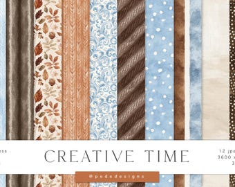 Fall Digital Papers with Watercolor Seamless Autumn Patterns, Blue Brown Backgrounds, Cozy Fall Textures (Digital Download)