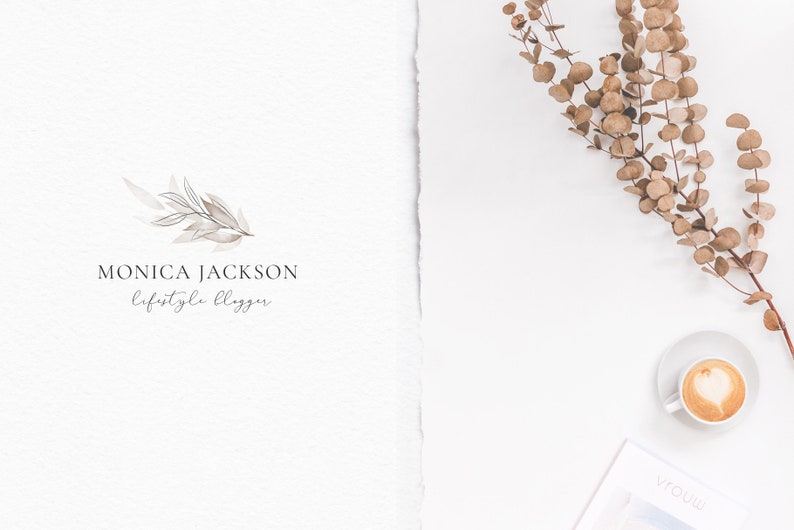 May include: A white background with a logo for a lifestyle blogger named Monica Jackson. The logo features a watercolor illustration of a branch with leaves. A cup of coffee with a heart design in the foam sits on a white saucer next to a magazine with the word "Vogue" visible on the cover. A sprig of dried eucalyptus is in the upper right corner of the image.