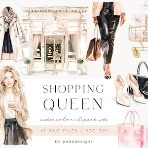 Shopping Queen, aquarel clipart, mode meisje, shopping time png, shopping lady, hoge hakken, boodschappentas, zwarte vrijdag, dozen, download