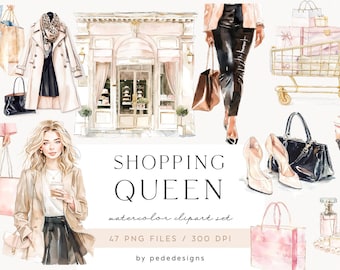 Shopping Queen, aquarel clipart, mode meisje, shopping time png, shopping lady, hoge hakken, boodschappentas, zwarte vrijdag, dozen, download