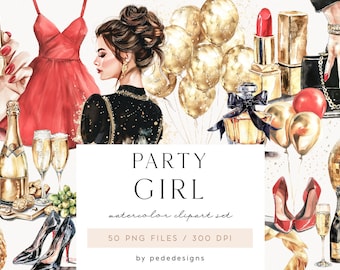 Collection Party Girl, clipart fête aquarelle, ballons, champagne, maquillage, hautes collines, bijoux en or, rouge à lèvres, parfum, glamour, téléchargement