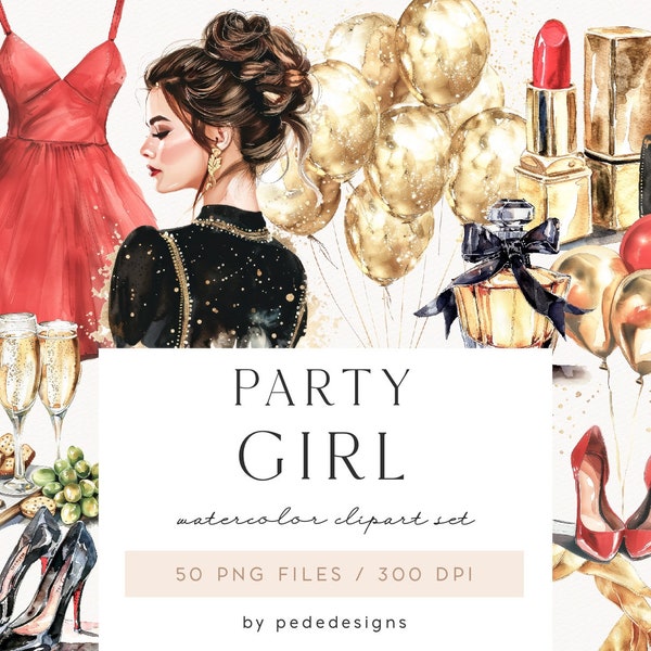 Party Girl Collection, aquarel party clipart, ballonnen, champagne, make-up, hoge heuvels, gouden sieraden, lippenstift, parfum, glamour, download