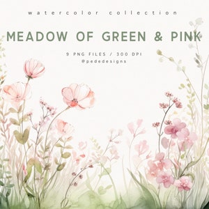 Prado de verde e rosa, clipart de flores silvestres em aquarela, borda de prado em aquarela, borda de casamento, aquarela de primavera, baixar