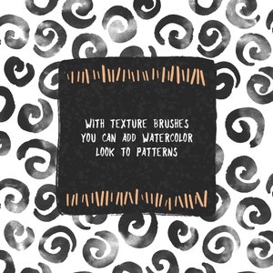 Może przedstawiać: Czarno-biały wz&oacute;r akwarelowy z zawirowaniami. Tekst "With texture brushes you can add watercolor look to patterns" znajduje się w środku obrazu.