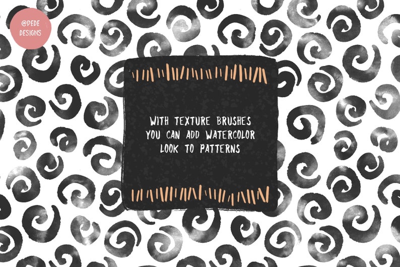 Może przedstawiać: Czarno-biały wz&oacute;r akwarelowy z zawirowaniami. Tekst "With texture brushes you can add watercolor look to patterns" znajduje się w środku obrazu.