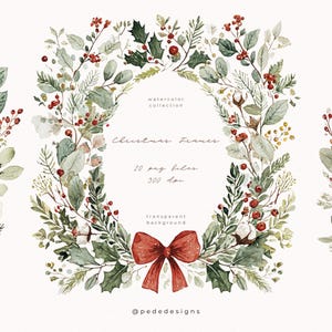 Könnte beinhalten: Aquarell-Weihnachtsrahmen mit grünen Blättern, roten Beeren und Baumwollakzenten. Eine große rote Schleife schmückt den unteren Teil des zentralen Rahmens. Der Text lautet "Christmas Frames" und enthält Details zu den PNG-Dateien und dem transparenten Hintergrund.