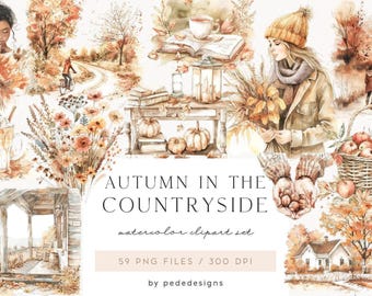 May include: A digital watercolor clipart set titled AUTUMN IN THE COUNTRYSIDE featuring illustrations of fall foliage, pumpkins, a basket of apples, a cozy house, a person in a knit hat, a coffee drink, and a porch scene with 59 PNG files.