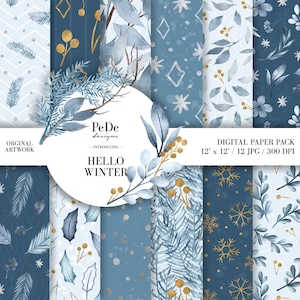 Hello Winter, winter digital paper pack, watercolor, winter patterns, gold snowflakes, christmas background, download