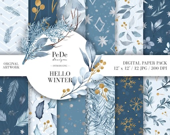 Hello Winter, winter digital paper pack, watercolor, winter patterns, gold snowflakes, christmas background, download