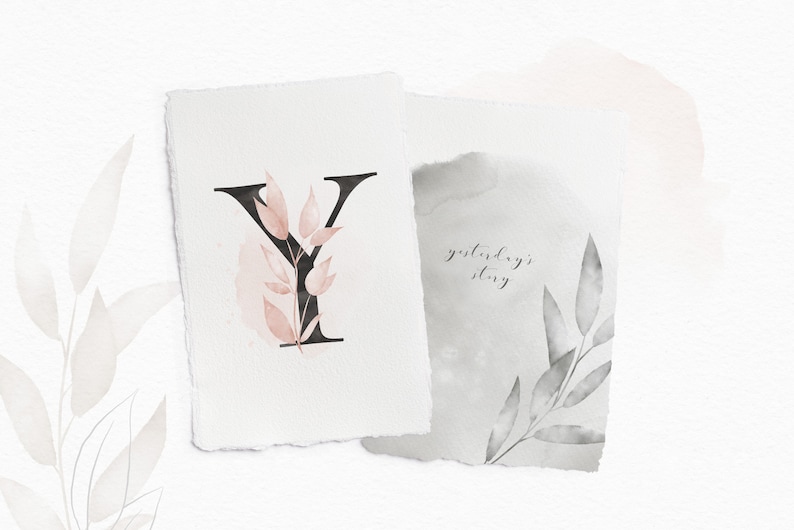 May include: A watercolor illustration of the letter Y with pink and gray leaves. The text "yesterday's story" is written in cursive on a separate piece of paper.