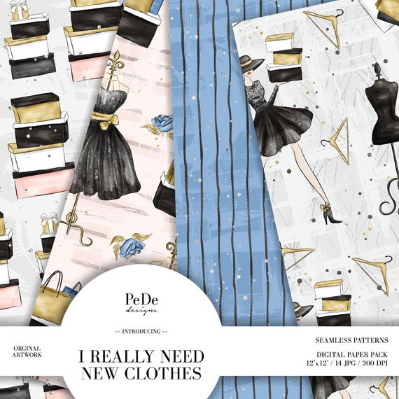 I Really Need New Clothes Digital Papers, Seamless Pattern, Shopping Girl,  Lady Boss Graphics, Planner Supplies, Download 