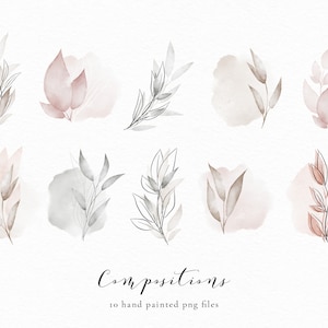 Composiciones florales, arreglo de acuarela, imágenes prediseñadas florales, hojas de arte lineal, boda, invitación, resumen, descarga