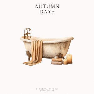 May include: Watercolor illustration featuring a vintage clawfoot bathtub with a tan towel draped over the side. Two lit candles, a stack of folded towels, and the text "AUTUMN DAYS" are also visible. The image has a warm, inviting aesthetic.