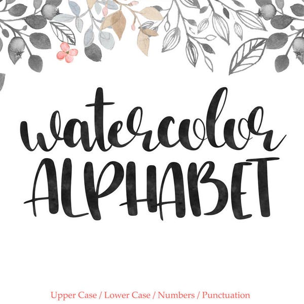 Black watercolor alphabet clipart, watercolor numbers, black digital alphabet, black watercolor font clip art, download