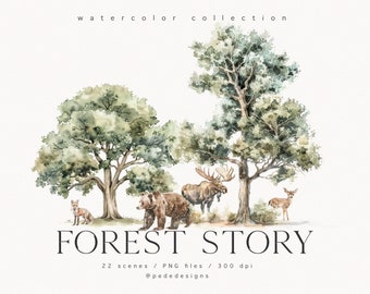 Escenas de bosque en acuarela - Colección Forest Story, clipart de bosque, animales del bosque en acuarela, paisaje forestal, decoración forestal, descarga