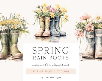 Spring Rain Boots, watercolor png clipart, spring illustration, garden png graphics, flowers clipart, watercolor spring, gardening, download