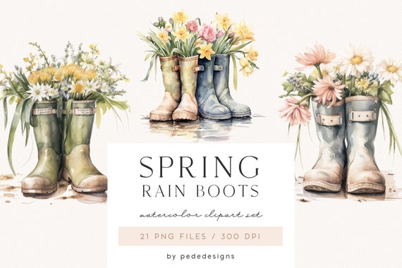 Spring Rain Boots, watercolor png clipart, spring illustration, garden png graphics, flowers clipart, watercolor spring, gardening, download