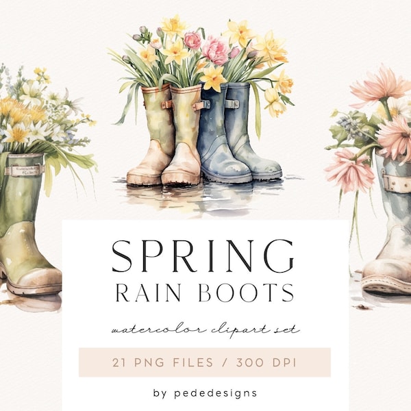 Bottes de pluie de printemps, clipart png aquarelle, illustration de printemps, graphiques png de jardin, clipart de fleurs, printemps aquarelle, jardinage, télécharger