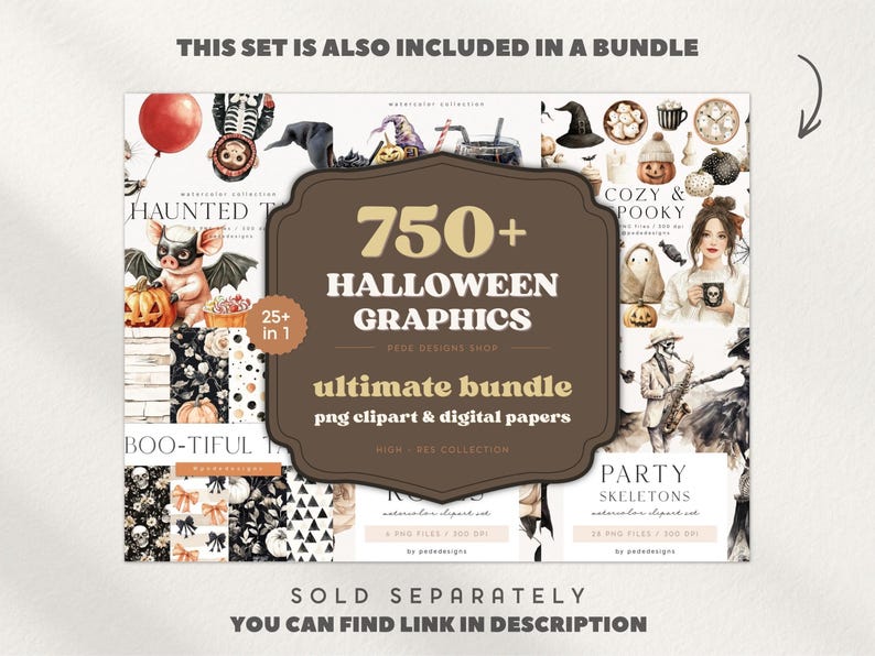May include: A collection of Halloween-themed graphics, including clipart and digital papers. The image features a central brown label with the text "750+ Halloween Graphics" and "Ultimate Bundle". Various Halloween illustrations are displayed, such as pumpkins, skeletons, and bats.