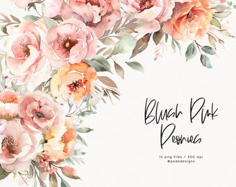 Blush Pink Peonies, watercolor flowers, peony clipart, wedding bouquet clipart, premade floral arrangements, floral border png, download