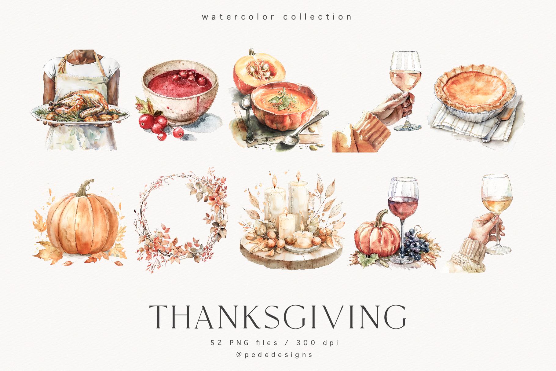 Thanksgiving Clip Art Set, Watercolor Fall Clipart, Food Graphics ...