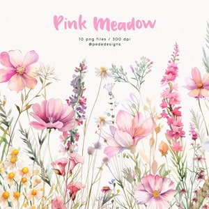 Pink Meadow, clipart de prado em aquarela, aquarela floral selvagem, buquê floral, borda floral, é uma menina, flores do cosmos, margaridas, baixar