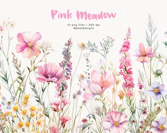 Pink Meadow, watercolor meadow clipart, watercolor wild floral, floral bouquet, floral border, its a girl, cosmos flowers, daisies, download