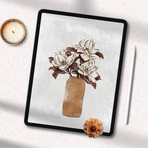 May include: A digital illustration of a bouquet of white magnolia flowers in a brown vase on a textured background.