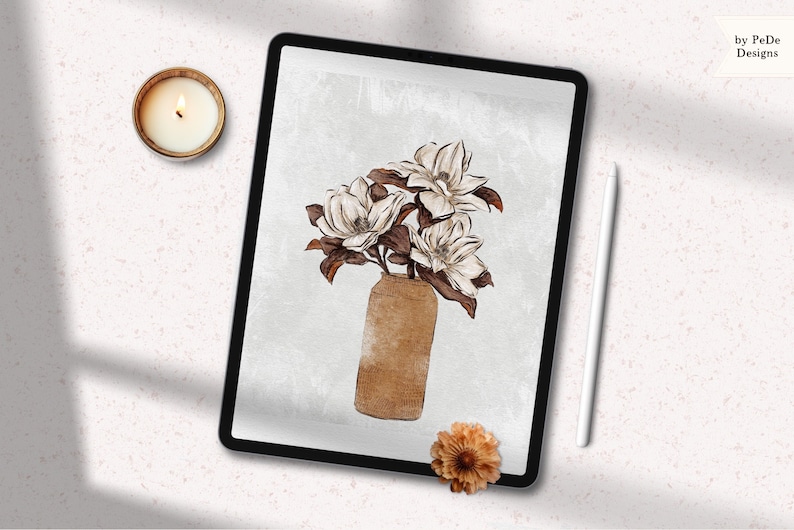 May include: A digital illustration of a bouquet of white magnolia flowers in a brown vase on a textured background.