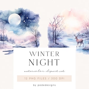 Noche de Invierno, imágenes prediseñadas de invierno en acuarela, paisajes de ensueño, imágenes prediseñadas mágicas de invierno, escena de invierno, ciervos, cielo nocturno con luna, cabaña, descargar