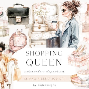 Reine du shopping, clipart aquarelle, fashion girl, graphisme shopping, commerçante, talons hauts, sac à provisions, black friday, jambes, téléchargement