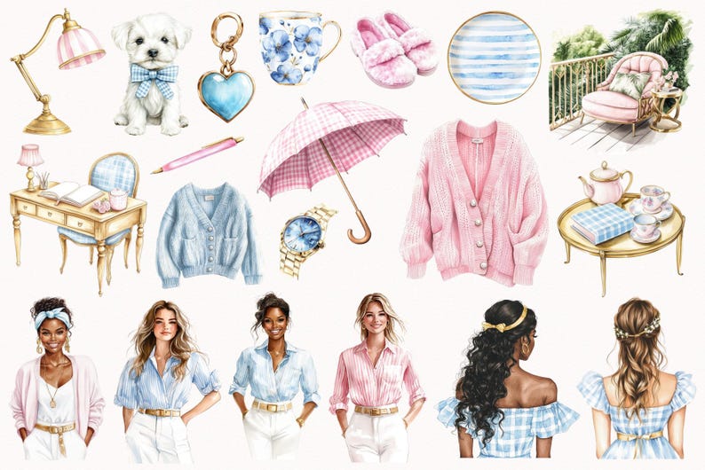 Preppy Glam Clip Art Set, watercolor spring png, girl clipart, stripes, plaid pattern, preppy spring digital stickers, interior, download image 2