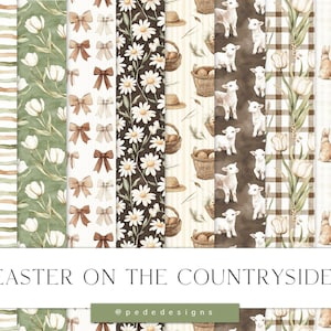 Könnte beinhalten: Eine Sammlung nahtloser digitaler Papiere mit Ostermotiv. Die Designs umfassen Muster aus Gänseblümchen, Schleifen, Lämmern, Hasen und karierten Mustern in sanften Pastellfarben. Der Text "EASTER ON THE COUNTRYSIDE" wird angezeigt.