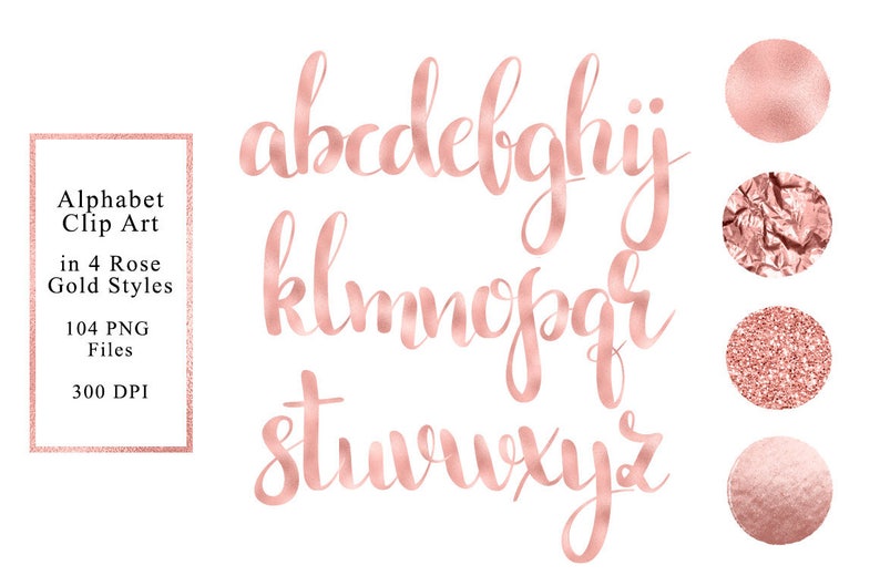 Clipart alphabet or rose, 4 styles de luxe, feuille d'or rose, paillettes d'or rose, minuscule, design or rose, téléchargement image 1